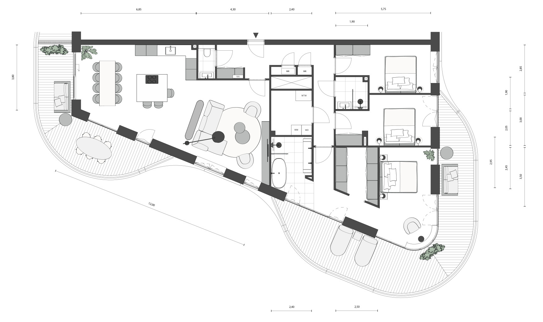 Sfeervol ingerichte 2D plattegrond